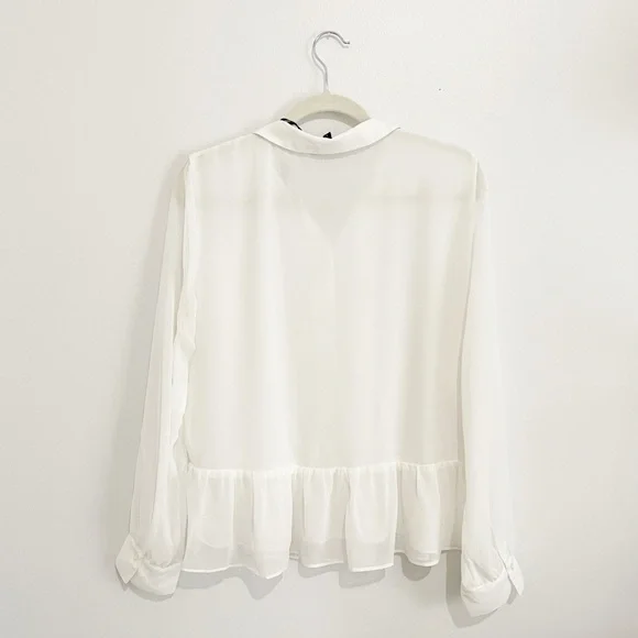 NWT DKNY Semi-Sheer Pleated Ruffle Hem Button Down Blouse Shirt L - Picture 2 of 8